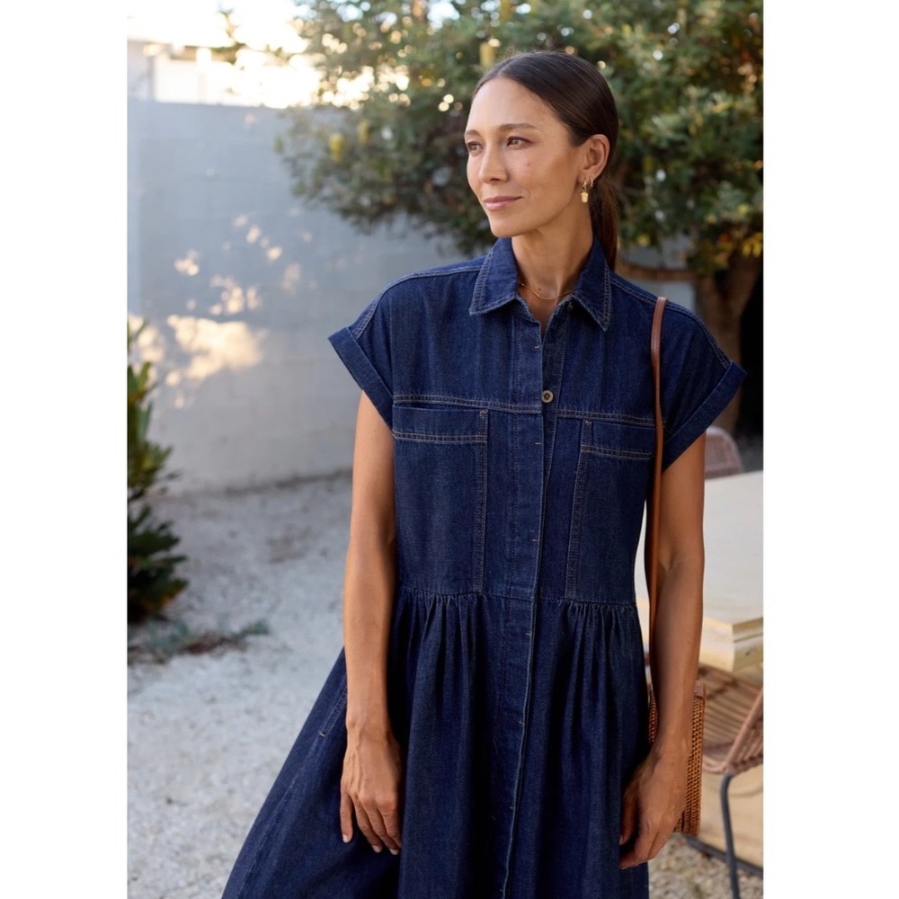 MAYE Harper Denim Dress Indigo Blue Midi Short Sleeve Button Front Relaxed 2X - Picture 4 of 7